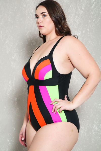 Sexy Fuschia Orange Color Block Plus Size One Piece Swimsuit Bikini - AMIClubwear