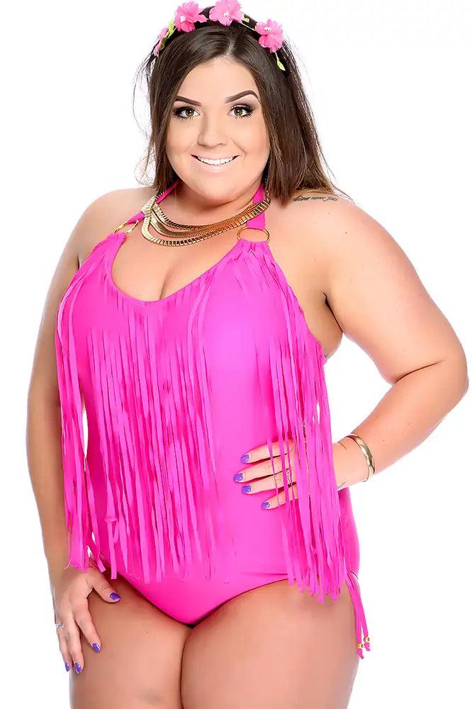 Sexy Fuschia Padded Fringe O-Ring Accent Halter Plus Size Swimsuit - AMIClubwear