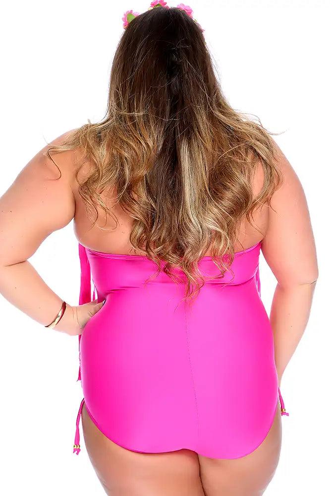 Sexy Fuschia Padded Fringe O-Ring Accent Halter Plus Size Swimsuit - AMIClubwear