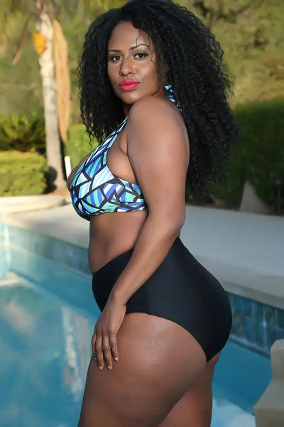 Sexy Geen Black Colorblock High Waist Plus Size Swimsuit - AMIClubwear