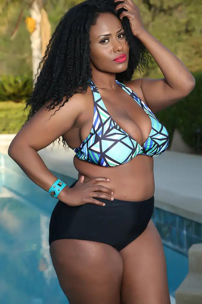 Sexy Geen Black Colorblock High Waist Plus Size Swimsuit - AMIClubwear