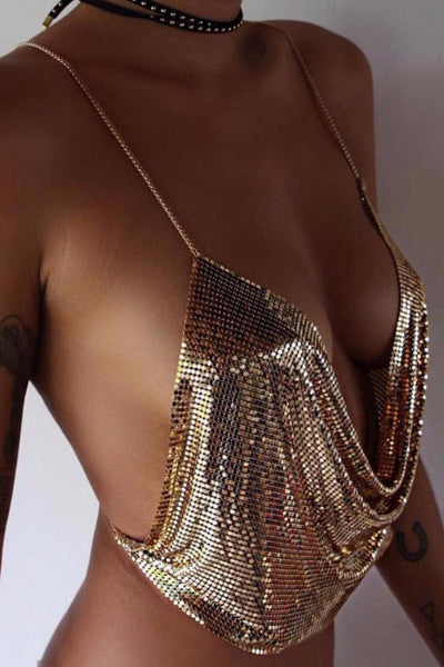 Sexy Gold Chain Draped Metal Mesh Crop Top - AMIClubwear