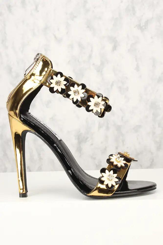 Sexy Gold Floral Open Toe Single Sole High Heels Patent - AMIClubwear