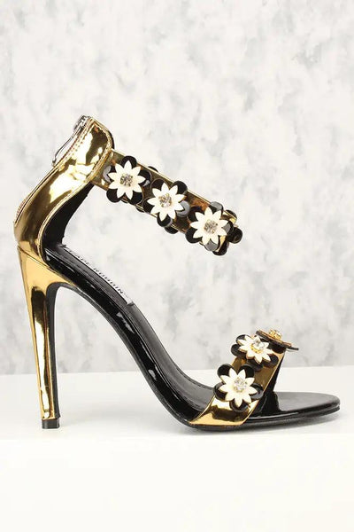 Sexy Gold Floral Open Toe Single Sole High Heels Patent - AMIClubwear