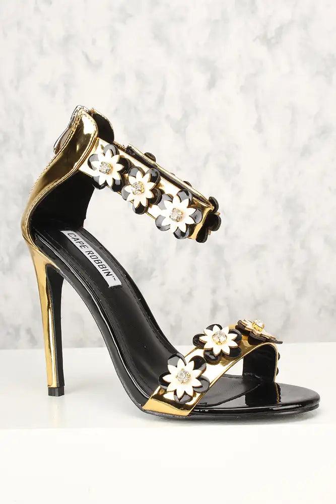 Sexy Gold Floral Open Toe Single Sole High Heels Patent - AMIClubwear