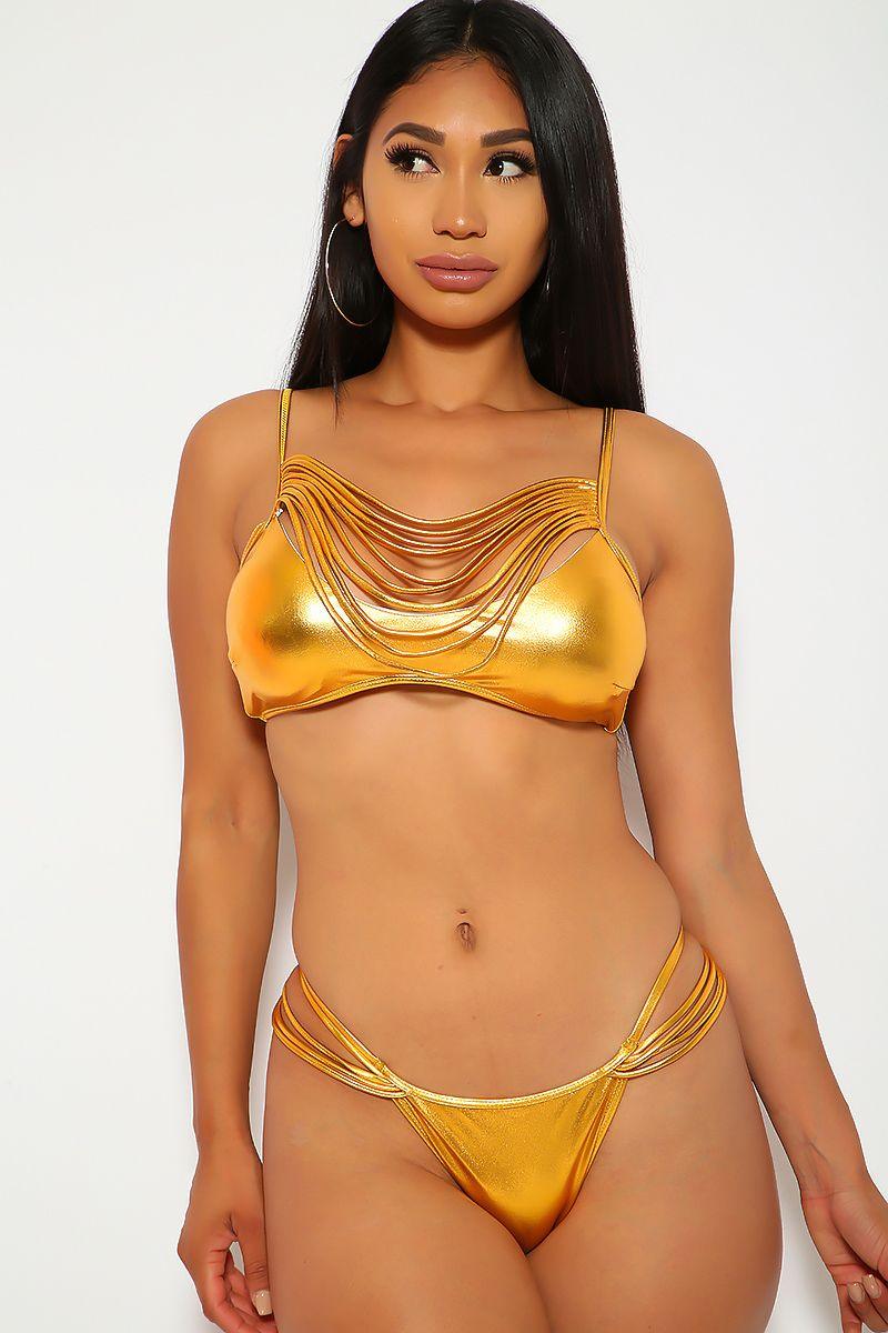 Sexy Gold Metallic Strappy Two Piece Swimsuit - AMIClubwear