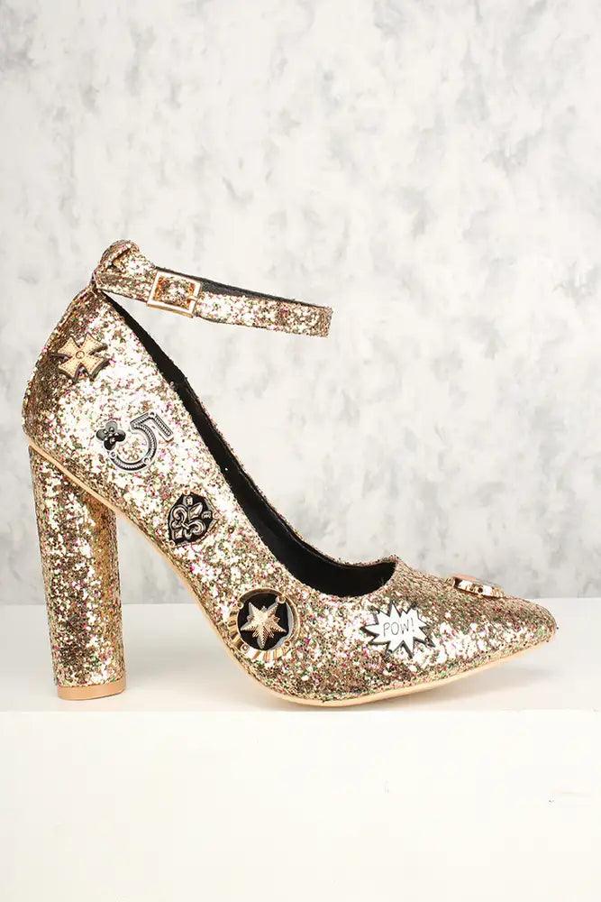 Sexy Gold Pointy Toe Single Sole High Heels Chunky Glitter - AMIClubwear