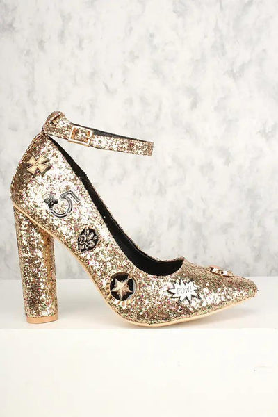 Sexy Gold Pointy Toe Single Sole High Heels Chunky Glitter - AMIClubwear