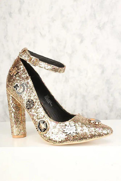 Sexy Gold Pointy Toe Single Sole High Heels Chunky Glitter - AMIClubwear