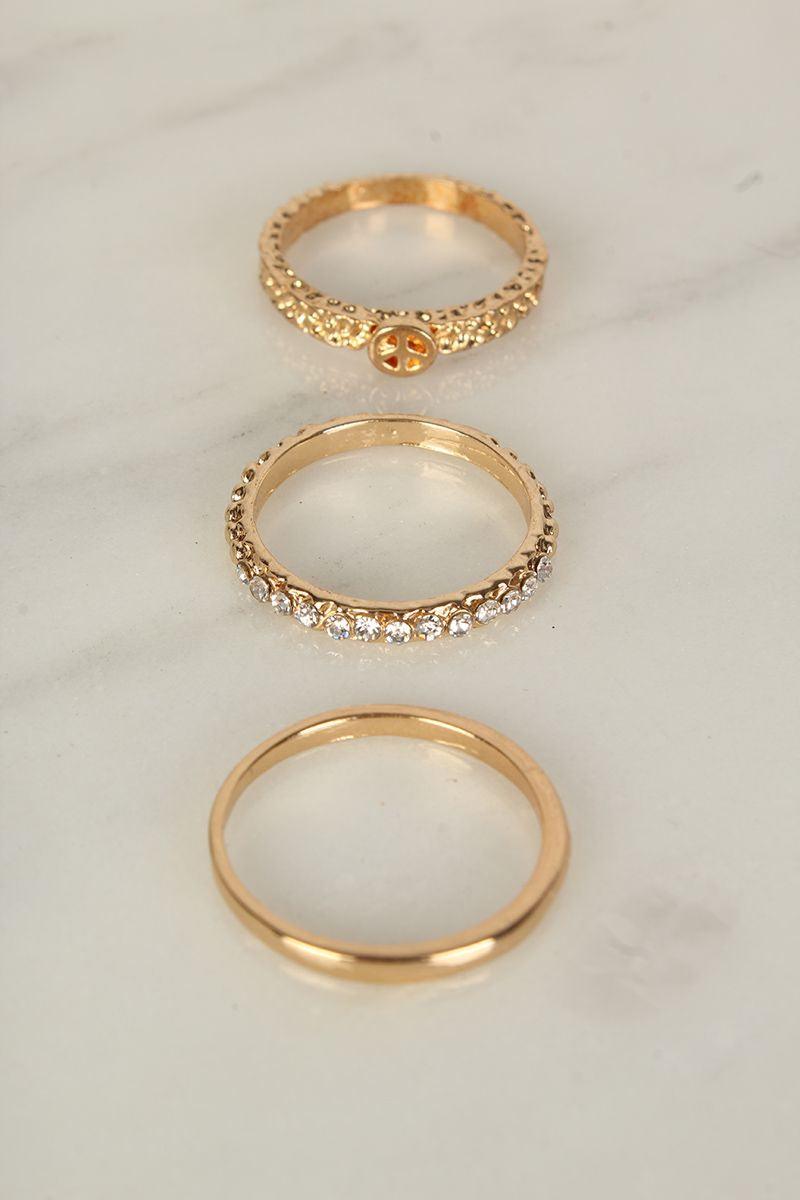 Sexy Gold Rhinestone Peace Engraved 3 Pc. Ring Set - AMIClubwear