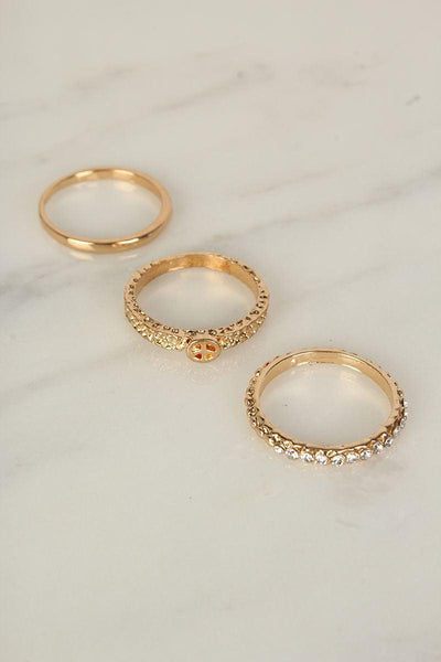 Sexy Gold Rhinestone Peace Engraved 3 Pc. Ring Set - AMIClubwear