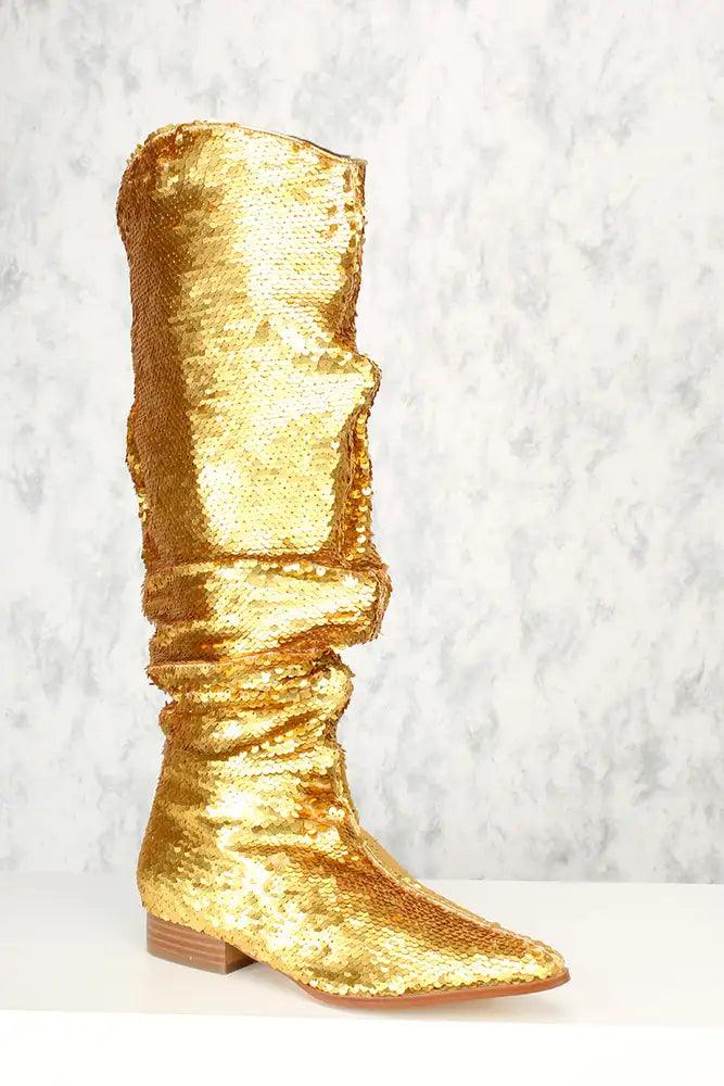 Sexy Gold Sequin Ruched Detail Flared Pointy Toe Boots - AMIClubwear