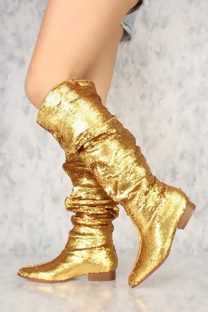 Sexy Gold Sequin Ruched Detail Flared Pointy Toe Boots - AMIClubwear