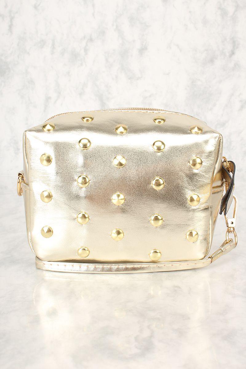 Sexy Gold Studded Mini Crossbody Handbag - AMIClubwear