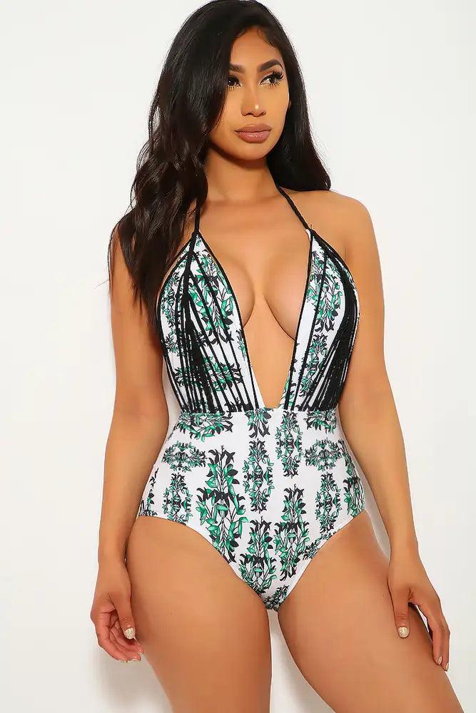 Sexy Green Black Floral Print Plunging Neckline One Piece Swimsuit - AMIClubwear