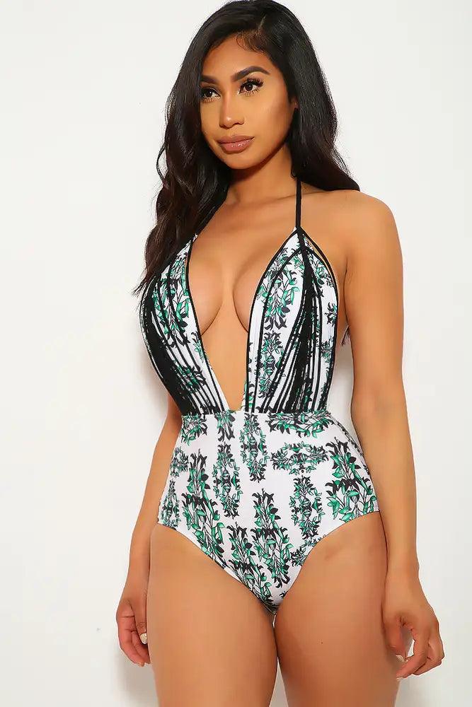 Sexy Green Black Floral Print Plunging Neckline One Piece Swimsuit - AMIClubwear