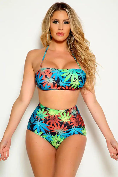 Sexy Green Blue Padded High Waist Two Piece Swimsuit - AMIClubwear