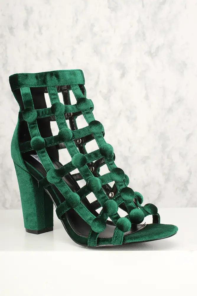 Sexy Green Caged Open Toe Chunky High Heels Velvet - AMIClubwear