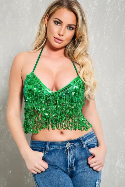 Sexy Green Halter Sequin Fringe Bralette Top - AMIClubwear