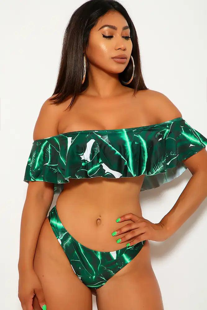 Sexy Green Leaf Print Off The Shoulders Padded 2Pc. Bikini - AMIClubwear