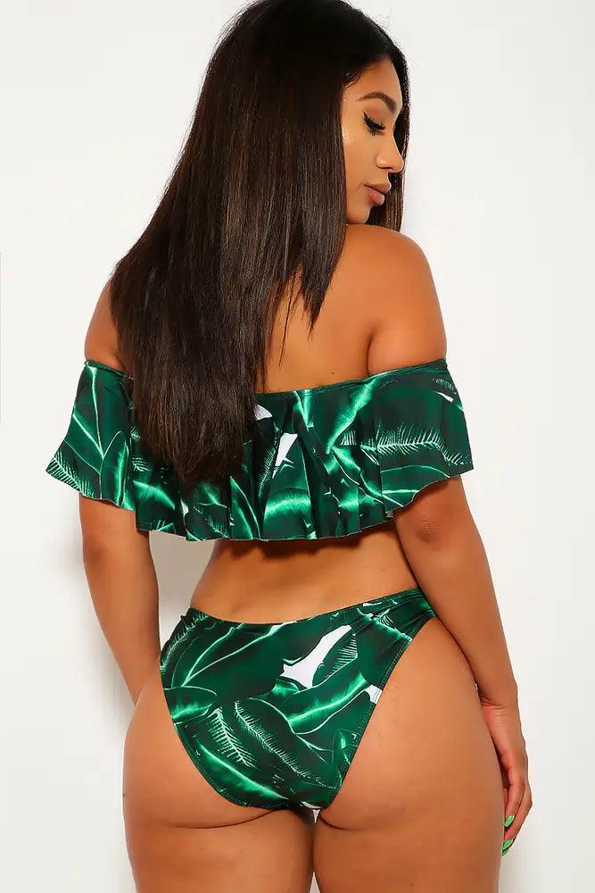 Sexy Green Leaf Print Off The Shoulders Padded 2Pc. Bikini - AMIClubwear