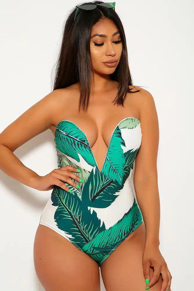 Sexy Green Leaf Print V-Cut Halter One Piece Swimsuit - AMIClubwear