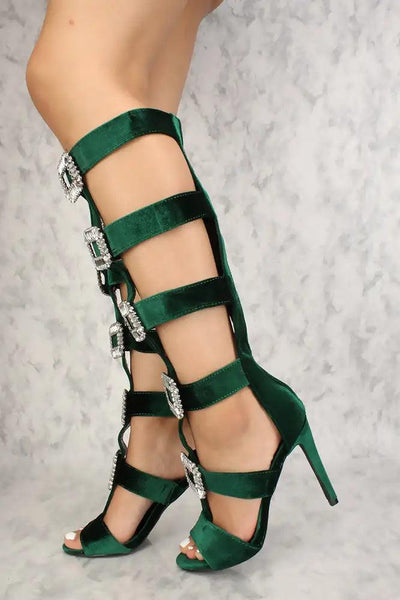 Sexy Green Rhinestone Cut Out Knee High High Heels Velvet - AMIClubwear