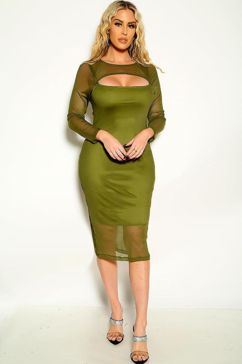 Sexy Green Sheer Mesh Long Sleeve Cut Out Front Party Plus Size Dress - AMIClubwear