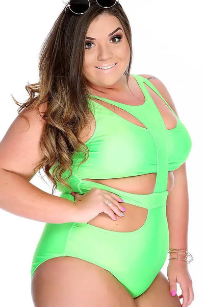Sexy Green Sleeveless Front Cut Out One Piece Plus Size Swimsuit - AMIClubwear