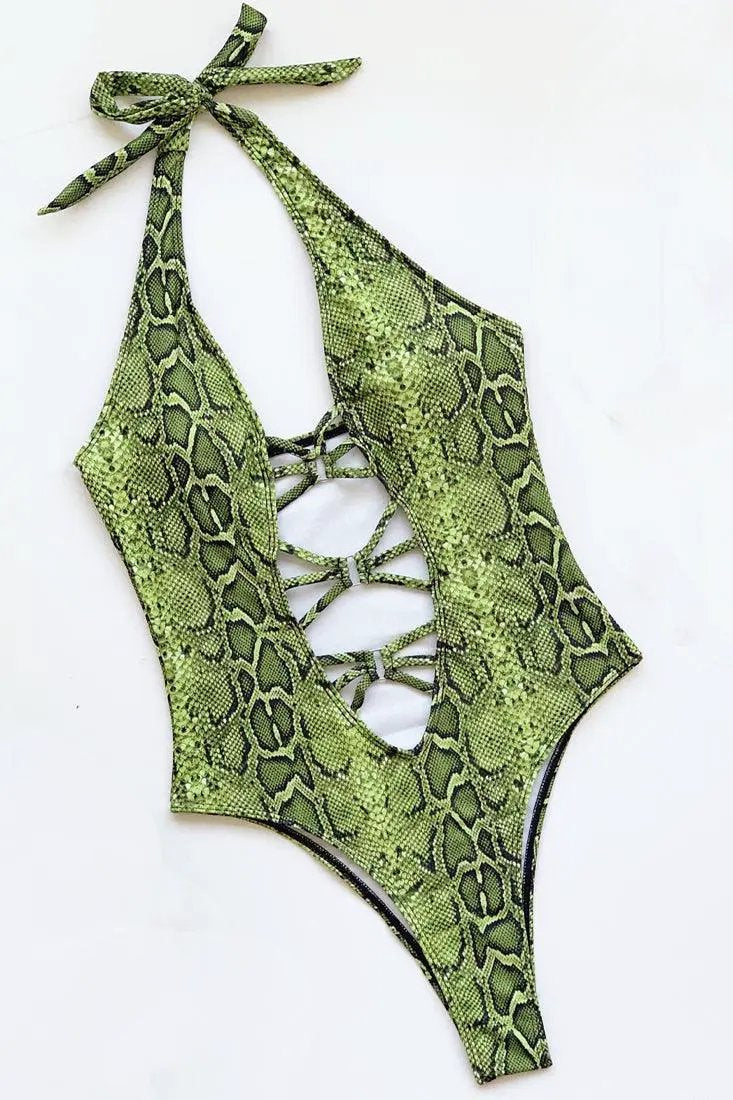 Sexy Green Snake Print Monokini With Lace Up Front