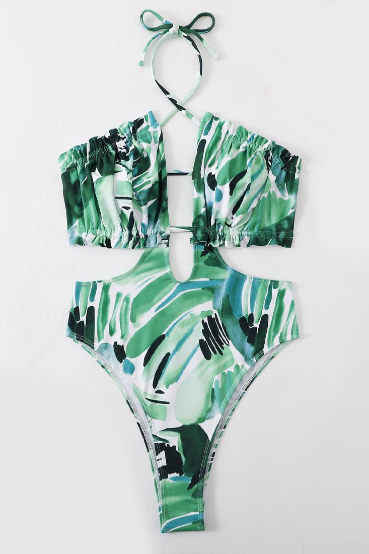 Sexy Green White Abstract Monokini - AMIClubwear