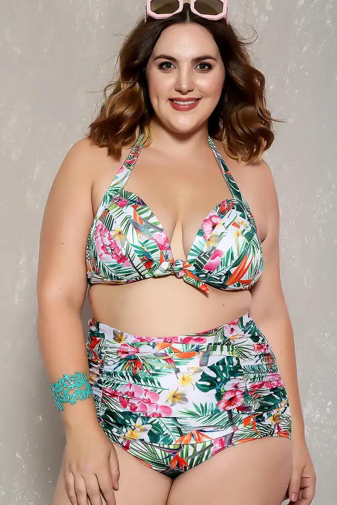 Sexy Green White Floral Print High Waist Padded 2Pc. Plus Size Bikini - AMIClubwear