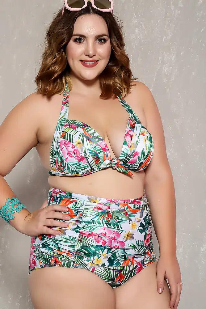 Sexy Green White Floral Print High Waist Padded 2Pc. Plus Size Bikini - AMIClubwear