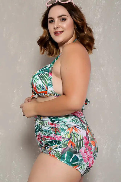 Sexy Green White Floral Print High Waist Padded 2Pc. Plus Size Bikini - AMIClubwear