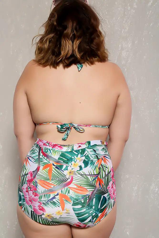 Sexy Green White Floral Print High Waist Padded 2Pc. Plus Size Bikini - AMIClubwear