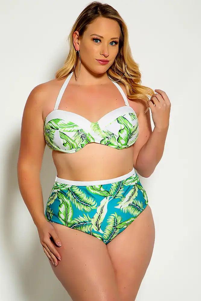 Sexy Green White Leaf Print Plus Size Two Piece High Waist Swim - AMIClubwear