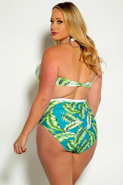Sexy Green White Leaf Print Plus Size Two Piece High Waist Swim - AMIClubwear