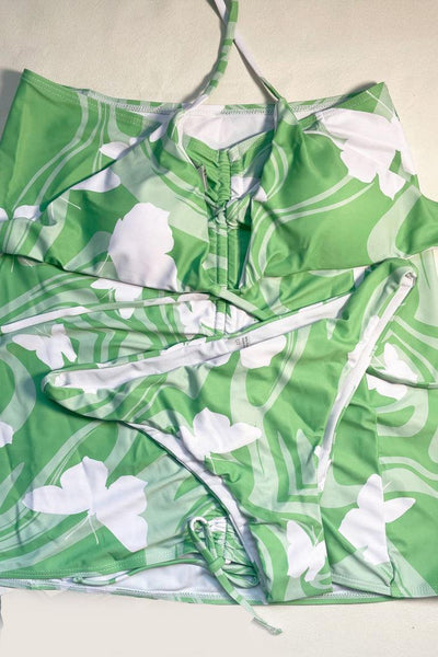 Sexy Green White Tropical Print 3pc Bikini - AMIClubwear