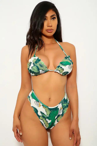 Sexy Green White Tropical Print Halter Two Piece Swimsuit - AMIClubwear