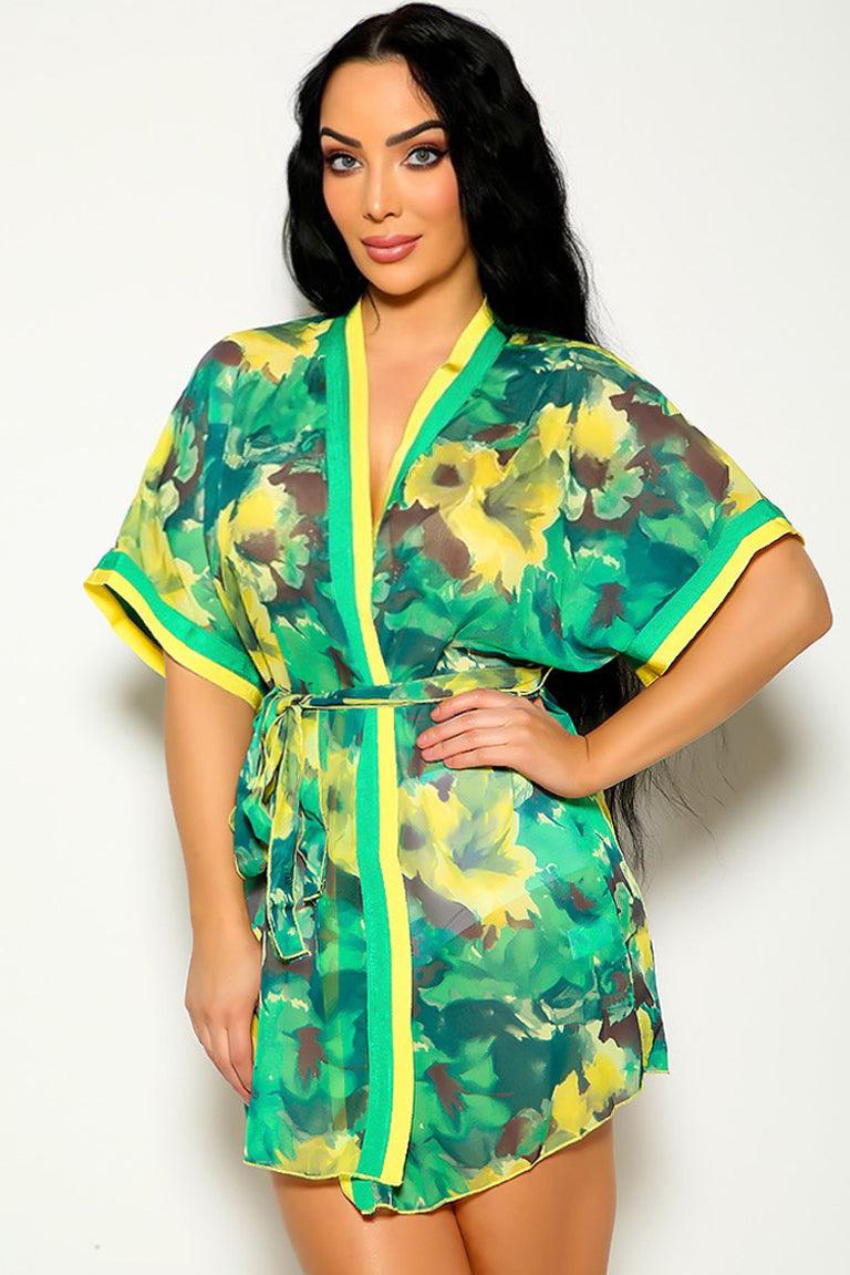 Sexy Green Yellow Floral Print Kimono Lingerie Robe - AMIClubwear