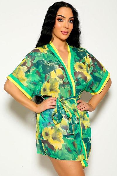 Sexy Green Yellow Floral Print Kimono Lingerie Robe - AMIClubwear