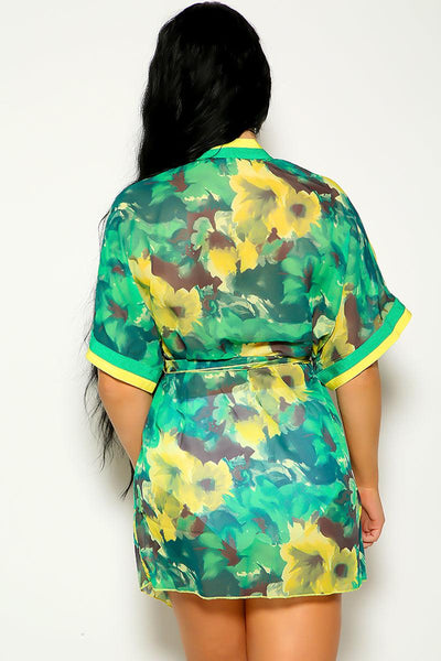 Sexy Green Yellow Floral Print Kimono Lingerie Robe - AMIClubwear