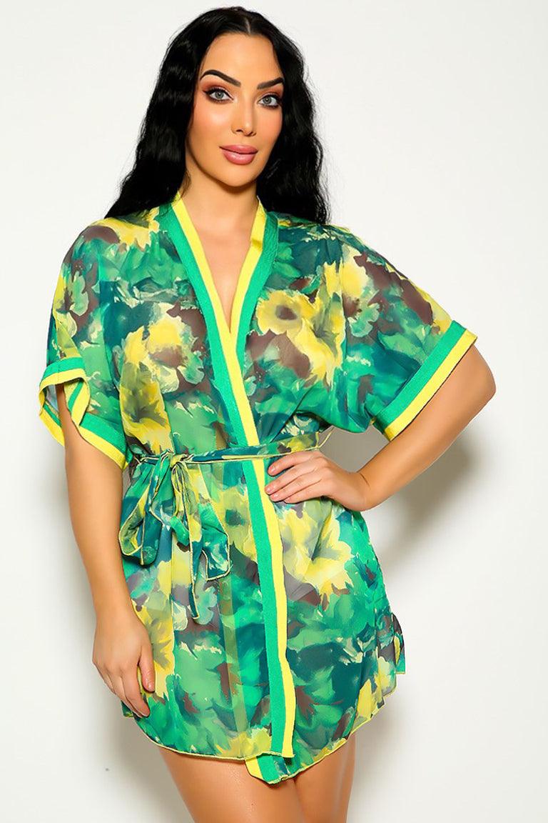 Sexy Green Yellow Floral Print Kimono Lingerie Robe - AMIClubwear