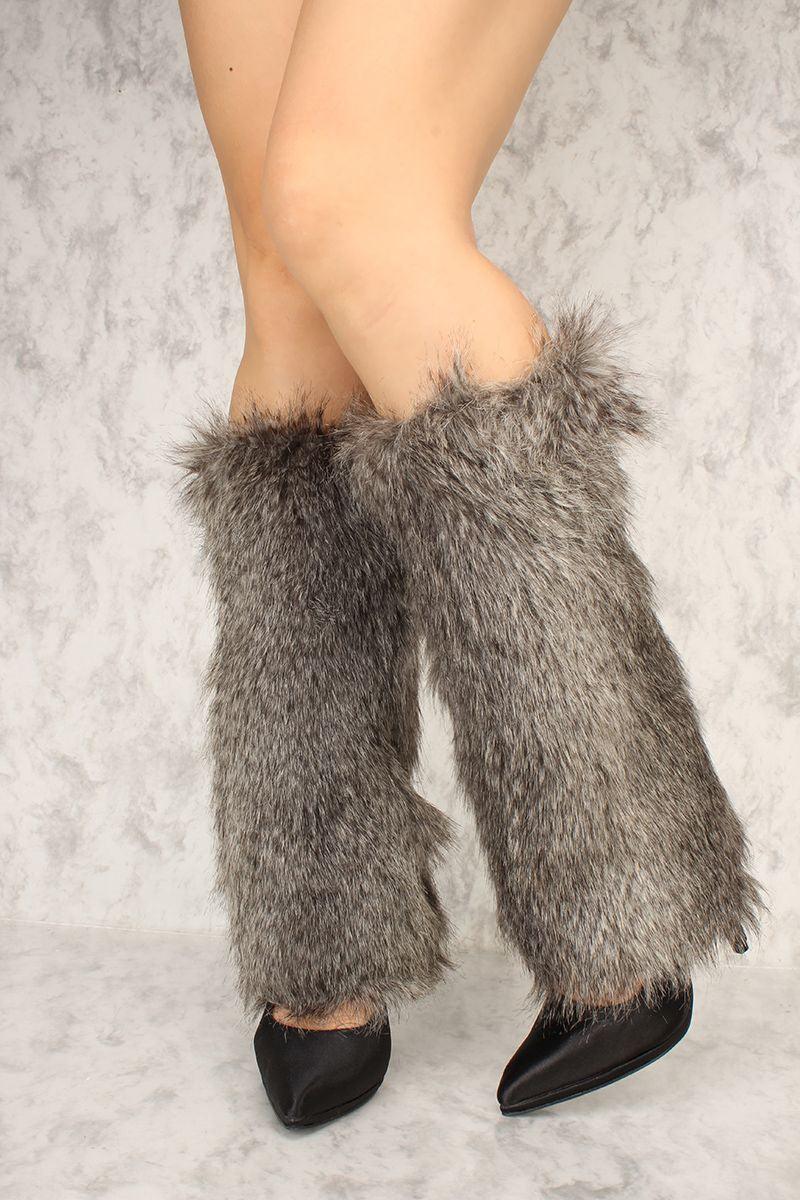 Sexy Grey Faux Fur Knee High Leg Warmers Costume Accessory - AMIClubwear