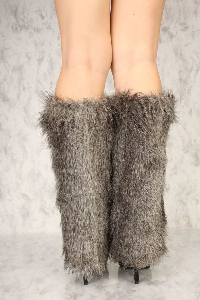 Sexy Grey Faux Fur Knee High Leg Warmers Costume Accessory