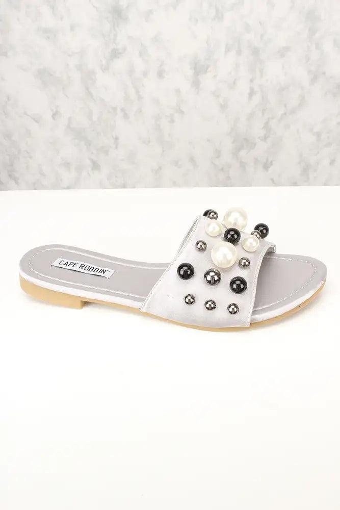 Sexy Grey Faux Pearl Slip On Sandals Satin - AMIClubwear