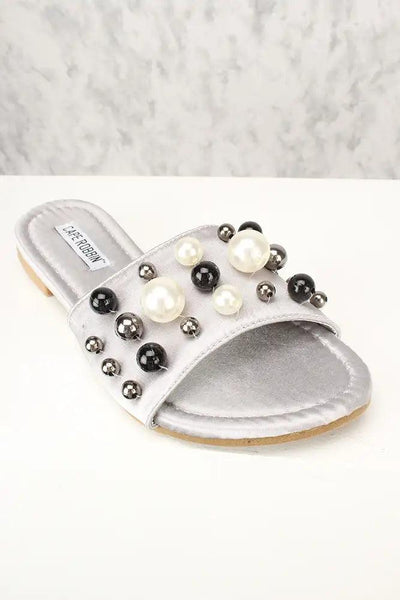 Sexy Grey Faux Pearl Slip On Sandals Satin - AMIClubwear