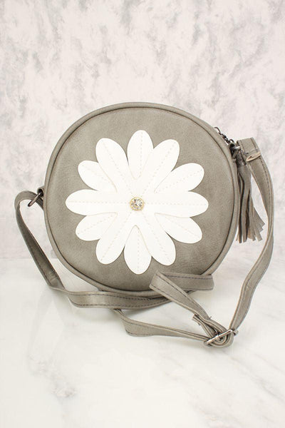 Sexy Grey Flower Patch Distressed Faux Leather Circle Crossbody Bag - AMIClubwear