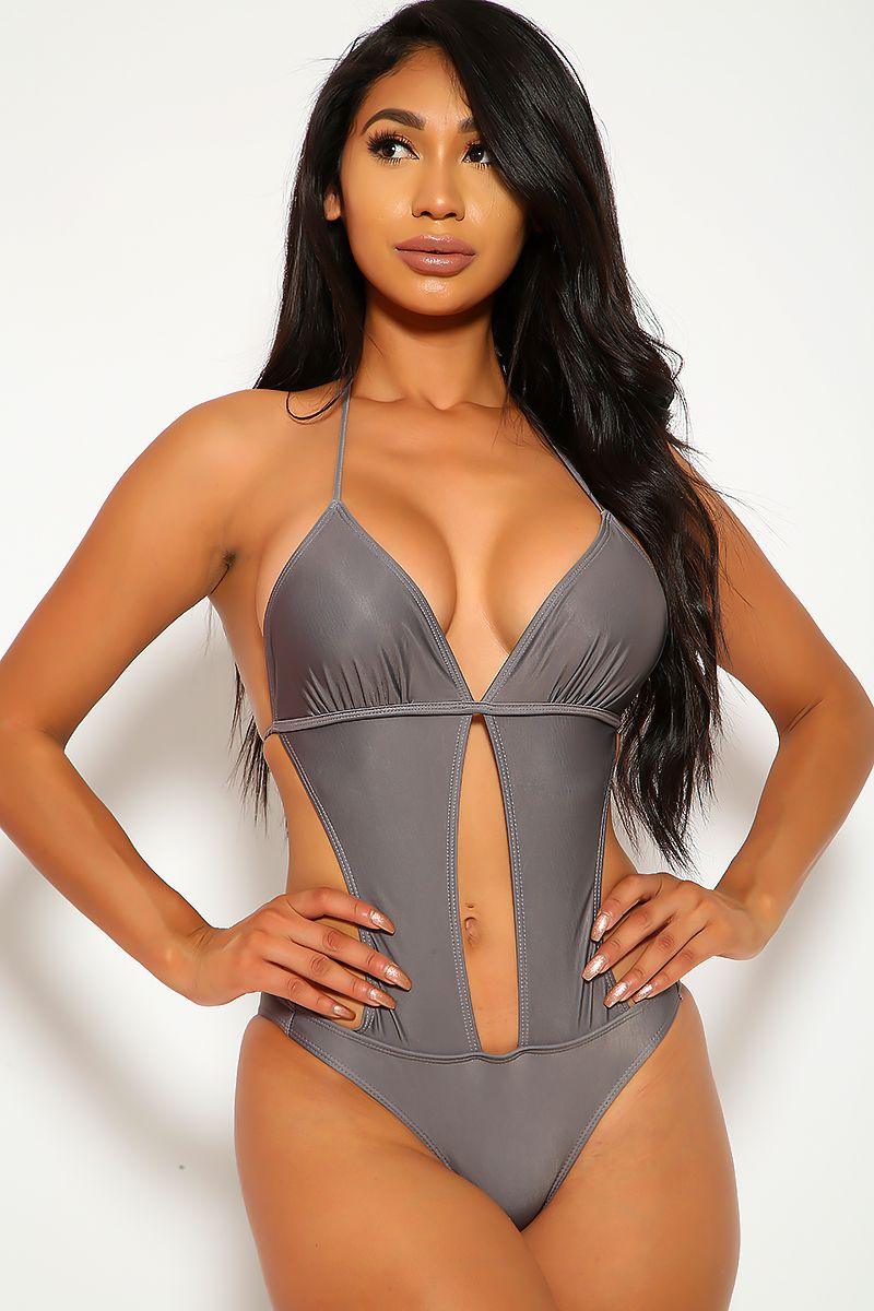 Sexy Grey Halter Cut Out One Piece Monokini Swimsuit - AMIClubwear