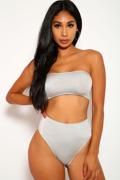 Sexy Grey High Shine Bandeau High Waisted Two Piece Swimsuit - AMIClubwear